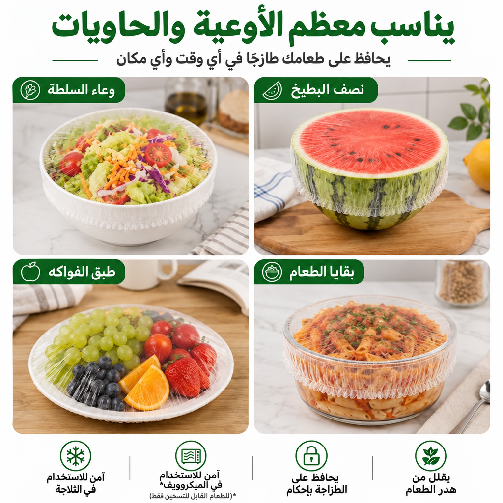 طقم 100 قطعة أغطية طعام مرنة للاستخدام مرة واحدة — أغطية مطاطية للسلطانيات والأطباق — بديل عملي عن غلاف التغليف لحفظ الطعام